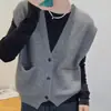 Chaleco de lana vintage de punto con cuello en V en capas, cárdigan de punto adelgazante para mujer, sin mangas, estilo coreano, talla grande, chaleco moderno de corte holgado