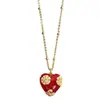 Colar com Pingente de Coração Florido com Gotejamento de Óleo Vermelho Vintage, Estilo Minimalista de Luxo Leve Exquisito com Senso de Design, Colar de Nicho