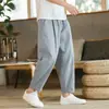 Calças casuais de verão 2024 Calças masculinas de linho e algodão soltas, calças coreanas na moda, comprimento até o tornozelo, calças retas