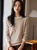 Suéter de Lã 100% com Costura Colorida Contrastante Falso Duas Peças Feminino Gola Redonda Manga Longa Pulôver Versátil Camisa de Base Tricotada
