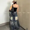 Jeans feminino retro americano com padrão de bambu desgastado e perna curva, coleção outono/inverno, design high-street, corte solto, efeito emagrecedor, calça wide leg