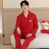 Pijamas para Recém-Casados Masculinos, Estilo Primavera/Outono, Algodão Puro, Estilo Cardigan, Gola Lapela, Manga Longa, Festivo, Ano do Rato Conjunto Casual para Casa Masculino