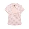 Camisa Feminina Chegada Nova Verão 2026 Estilo Europeu e Americano Fenda Bolinhas Manga Curta Gola Alta Slim Fit Blusa Casual de Alta Qualidade
