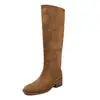 Botas femininas de camurça de cano alto, novo estilo coreano de inverno, bico redondo, botas slip-on de salto médio, botas femininas retas acima do joelho