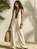 Ropa popular para mujer transfronteriza: enterizo sin mangas con cuello alto y pantalón ancho de cintura alta con textura, enterizo casual de playa