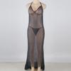 Ropa interior sexy de comercio exterior europeo y americano, perspectiva de malla negra, vestido largo, camisón sexy de corte bajo con cuello halter, conjunto sexy