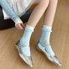 Meias femininas de renda Double Luo Kou, meias de algodão enroladas para primavera, tubo médio, com tiras respiráveis, meias femininas Miu Wind Piled