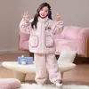 Pijama de lã coral de inverno para meninas, novo estilo outono, gola alta, conjunto de loungewear com zíper para estudantes do ensino fundamental e crianças