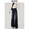 Jeans Estreito Wide-Leg de Cintura Alta Preto e Cinza para Mulheres Outono e Inverno 2025 Novos Calças Retas Slim de Comprimento Total de Inverno