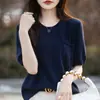 Camiseta de malha de algodão com gola redonda, cor sólida, manga curta e bolso, design nicho, solta, casual, para o trabalho, primavera e verão, meia manga
