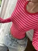 Camiseta de manga larga versátil para mujer, diseño corto a rayas de bloques de color estilo coreano, nueva de otoño, transfronteriza europea y americana