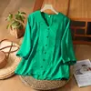 Top Casual Suelto de Moda para Mujer de Verano, Bordado Retro de Algodón y Lino, Cuello en V, Manga Media, Tallas Grandes para Mujeres de Mediana Edad