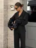 Conjunto de Dos Piezas para Mujer con Diseño Estilo Francés, Cintura Ajustable con Lazo, Mangas Largas y Pantalones Largos, Top Camisa Negra de Alta Gama y Pantalones Largos
