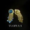 Pendientes de Tachuela de Garra de Cobre Elegantes y de Moda con Microincrustaciones de Piedra Azul Pendientes de Borla con Cadena Pesada Versátiles
