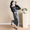 Em Estoque 2025 Novo Outono Vestido Longo Elegante de Maternidade Slim-Fit Bordado de Bolinhas + Jaqueta Echarpe com Proteção Solar