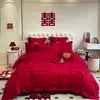 Conjunto de quatro peças para casamento, 100% algodão, vermelho vivo, para camas de noivos, incluindo lençóis e fronhas de edredom, alta qualidade, algodão puro, perfeito para o quarto de recém-casados