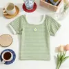 Camiseta Listrada de Manga Curta para Meninas Tendência Fofa Estilosa Top de Seda Gelada Infantil Camiseta de Desenho Animado para Bebês Meninas