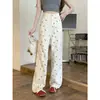 Calça jeans estampada de urso estilo coreano para mulheres, primavera/verão, calça longa branca fofa para mulheres baixinhas, calça reta de perna larga floral