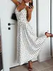 Vestido de Tirantes Finos sin Espalda, Elegante, Sexy y Versátil, Ceñido a la Cintura, Adelgazante, de Satén, con Escote en V, Largo, Estilo Retro Francés, Vestido de Lunares