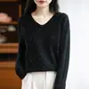 Suéter de Punto de Lana 100% Sin Costuras de una Pieza para Mujer Cuello en V Otoño e Invierno Nuevo Simple y Versátil Ropa Interior de Punto