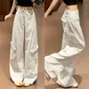 Pantalones de Trabajo Blancos Estilo Americano para Mujer, Verano Delgados de Cintura Alta Sueltos Adelgazantes Retro Deportivos de Pierna Ancha para Figuras Pequeñas