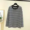 Camiseta base a rayas de terciopelo cepillado para otoño e invierno para mujer, forrada de polar, corte holgado, cuello redondo, manga larga, camiseta interior, talla grande, top cálido