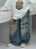 Otoño Casual Americano Fresco Estampado de Graffiti Jeans Retro para Niños Rectos Sueltos Adelgazantes Pantalones de Pierna Ancha para Niños