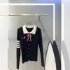 Suéter de Punto Pullover Estilo Universitario de Cuatro Barras para Cachorro con Cuello de Lazo, Manga Larga, Polo 2026 Primavera/Otoño para Mujer