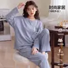 Pijama Feminino de Primavera e Outono Manga Longa Calça Longa Algodão Puro Gola Redonda Pulôver Doce Fofo Conjunto de Roupas para Casa