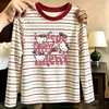 Camiseta de manga larga a rayas de algodón puro para niña, nueva camiseta versátil informal de bloques de color para primavera y otoño de 2026, camiseta básica para niños