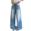 Calça jeans azul lavada de perna larga para mulheres, calça reta de cintura alta retrô de outono, calça versátil solta casual de comprimento total