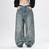 Roupas Masculinas Fengshe / Jeans Vintage Lavado com Manchas de Tinta Reto Solto para Homens, Calças Largas Retrô Americanas