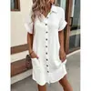Vestido Casual de Color Sólido de Algodón y Lino con Botones de Manga Corta de Longitud Media Holgado para Mujer Suministro Transfronterizo 2024 Amazon