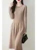 Vestido de punto de lana pura con cuello redondo hueco y falda plisada para mujer, nuevo para otoño e invierno, suéter, falda hasta la rodilla, falda base