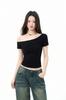 Azul escuro Spice Girls Slim Shoulder manga curta Slim-fit T-shirt feminina verão justa curta chique único ombro Top