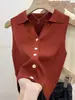 Camisola fina de ajuste slim con cuello polo para mujer, principios de primavera de 2026, top sin mangas de punto de seda helada