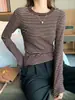 Camiseta Interior Base Mi Ka Rayas Finas Cuello Redondo Manga Larga para Mujer Primavera Otoño Simple Ajustada Elástica Casual Diaria Top Adelgazante