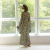 Muffy Camisola Longa Feminina Estampa de Leopardo Retro Renda Costurada Cetim Cadarço na Cintura Estilo Preguiçoso Roupa de Casa 956