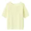 Nuevo top de punto de manga corta de color caramelo para verano hecho de seda y hilo de papel lyocell, camisa casual de protección solar con cuello redondo para mujer