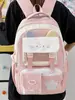 Mochila xadrez color block com bordado de gato de desenho animado, fresca e doce, mochila escolar fofa e leve para meninas do ensino fundamental e médio