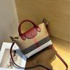 Bolso de Mano Femenino Transfronterizo, Bolso Tote a Cuadros, Bolso Cruzado de Hombro de Cuero de Vaca y Lona con Bloques de Color, Bolso Dumpling 8372, Estilo de Lujo Ligero de Verano