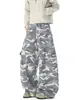 Calças cargo estilo americano camufladas cinza e branco com corte scimitar para homens, outono vintage desconstruídas multibolsos perna larga emagrecedoras perna reta comprimento total