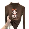 Ropa interior para niñas con forro polar, nuevo estilo otoño/invierno, manga larga, a la moda, cuello semi-alto, cálida, top estampado para niñas pequeñas y grandes