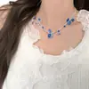 Brincos de Franja com Contas de Flor Azul Exquisite de Luxo Leve Colar Brincos de Design de Nicho da Moda Feminina Corrente para Clavícula Tendência