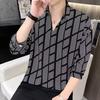 Camisa de verano con mangas de siete puntos para hombre, moderna, informal, ajustada, a cuadros, con rayas verticales, de seda helada