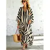 Vestido Longo Solto com Gola V Estampa de Zebra Feminino Estilo Férias Vestido de Praia Moda Europeia Americana Vestido Longo Robe Estampado