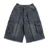 Estilo americano vintage lavado velho jeans shorts masculino e feminino bordado solto casal solto reto calças de comprimento médio