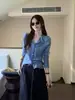 Blusa de punto azul con volantes y manga larga estilo coreano para mujer, una capa interior hermosa y única para otoño