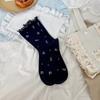 Producto Nuevo Otoño 2025 Calcetines de Media Caña de Algodón con Madera Xiaohe Si Estilo Coreano Estilo Ins Dulces con Flores Pequeñas