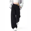 Pantalones vaqueros rectos casuales estilo americano KENH negros para otoño e invierno, de mujer, con forro polar, adelgazantes, holgados, de cintura alta, de pierna ancha, para barrer el suelo